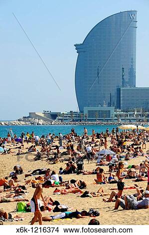 Playa de la Barceloneta y hotel Vela Ricardo Bofill, Barcelona, Catalunya, Espaa View Large Photo Image Picture - Playa de la Barceloneta y hotel Vela Ricardo Bofill, Barcelona, Catalunya, Espaa. Fotosearch