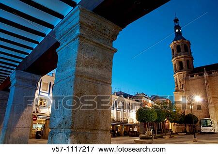 Plaza de Espaa and church, night view. Valdepeas, Ciudad Real province, Castilla La Mancha, Spain. View Large Photo Image Stock Photo - Plaza de Espaa and church, night view. Valdepeas, Ciudad Real province, Castilla La Mancha, Spain.. Fotosearch