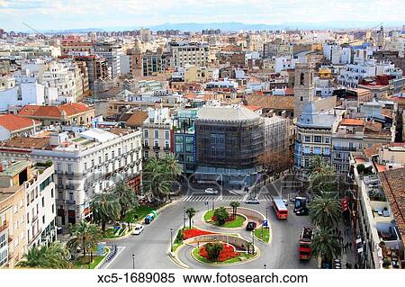 Plaza de la Reina and Old Town, Aerial view from Torre del Miguelete, Cathedral, Valencia, Comunitat Valenciana, Spain, Europe. View Large Photo Image Stock Photography - Plaza de la Reina and Old Town, Aerial view from Torre del Miguelete, Cathedral, Valencia, Comunitat Valenciana, Spain, Europe.. Fotosearch