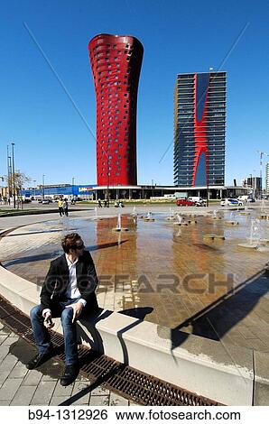 Stock Photograph - Plaza Europa. Hotel Porta Fira by Toyo Ito, 2010 left and Realia Tower by Toyo Ito, 2010. Hospitalet de Llobregat. Barcelona. Catalonia. Spain.. Fotosearch