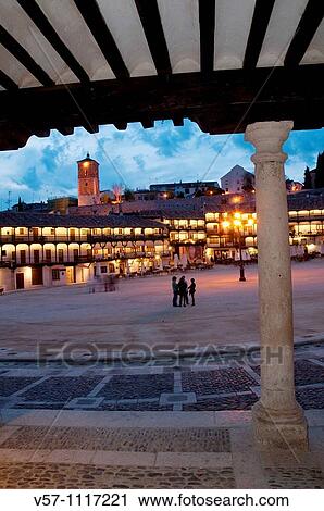 Stock Image - Plaza Mayor, night view. Chinch? n, Madrid province, Spain.. Fotosearch