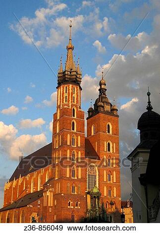 Poland Krakow, Church of St Mary at Main Market Square View Large Photo Image Stock Photo - Poland Krakow, Church of St Mary at Main Market Square. Fotosearch