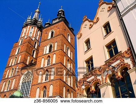 Poland Krakow, Church of St Mary at Main Market Square View Large Photo Image Stock Photography - Poland Krakow, Church of St Mary at Main Market Square. Fotosearch