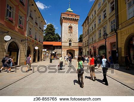 Stock Photography - Poland, Krakow, Florianska street with Florian's Gate. Fotosearch