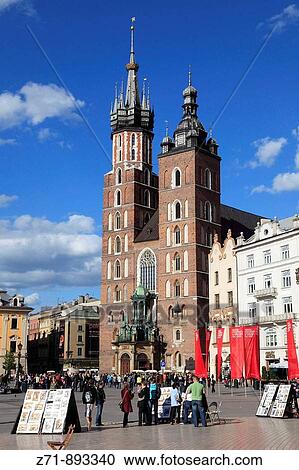 Poland, Krakow, Main Market Square, St Mary Church View Large Photo Image Stock Image - Poland, Krakow, Main Market Square, St Mary Church. Fotosearch