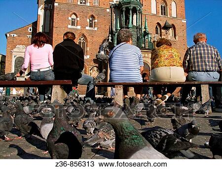 Stock Image - Poland, Krakow, Main Market Square, pigeons and people. Fotosearch