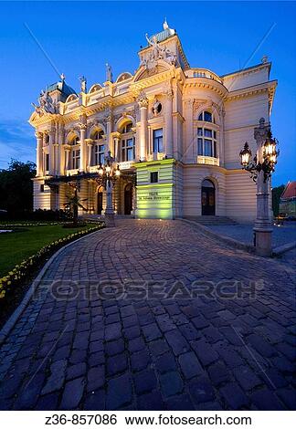 Poland, Krakow, Slowacki Theatre at night View Large Photo Image Stock Photograph - Poland, Krakow, Slowacki Theatre at night. Fotosearch