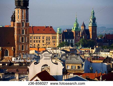 Poland Krakow St Mary's Church and Wawel from high View Large Photo Image Stock Photo - Poland Krakow St Mary's Church and Wawel from high. Fotosearch
