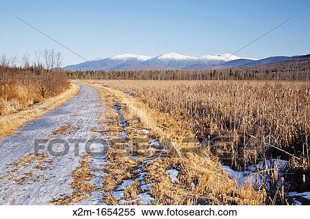 Stock Photography - Pondicherry Wildlife Refuge - Scenic view of Presidential Range from the Presidential Range Rail Trail / Cohos Trail near Cherry Pond in Jefferson, New Hampshire USA. Fotosearch