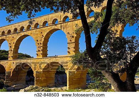 Stock Image - Pont du Gard, Roman aqueduct. Gard department, Provence. France. Fotosearch