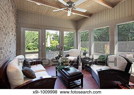 Porch in luxury home with wood ceiling beams View Large Photo Image Stock Photo - Porch in luxury home with wood ceiling beams. Fotosearch