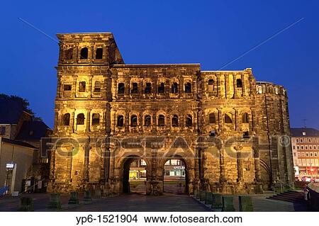 Picture - Porta nigra, ancient city gate, World Heritage Site, illuminated at night, Trier, Germany. Fotosearch
