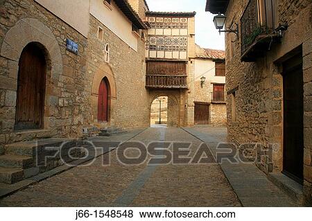 Stock Photo - Portal of the Nuns town gate, Mirambell, Maestrazgo, Teruel, Spain. Fotosearch