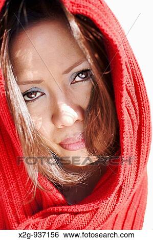 Portrait of an Asian woman in red scarf View Large Photo Image Stock Photograph - Portrait of an Asian woman in red scarf. Fotosearch