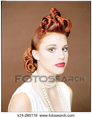 Portrait of Young Woman With Vintage Hairstyle View Large Photo Image Stock Photo - Portrait of Young Woman With Vintage Hairstyle. Fotosearch