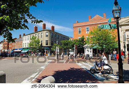 Portsmouth New Hampshire Main Centre Square with cars and traffic in city center. View Large Photo Image Picture - Portsmouth New Hampshire Main Centre Square with cars and traffic in city center.. Fotosearch