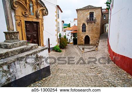 Portugal, Estremadura, Obidos. Alleyway in old town. View Large Photo Image Picture - Portugal, Estremadura, Obidos. Alleyway in old town.. Fotosearch