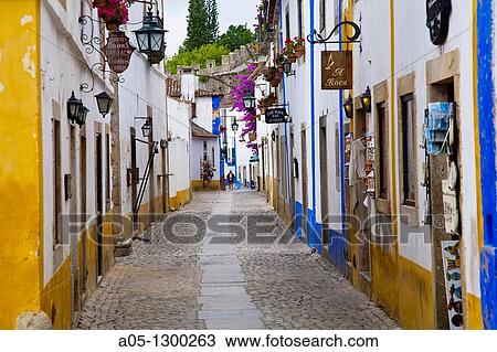 Portugal, Estremadura, Obidos. Alleyway in old town. View Large Photo Image Stock Image - Portugal, Estremadura, Obidos. Alleyway in old town.. Fotosearch