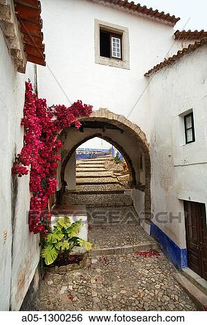 Portugal, Estremadura, Obidos. Alleyway in old town. View Large Photo Image Stock Photograph - Portugal, Estremadura, Obidos. Alleyway in old town.. Fotosearch