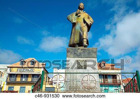 Stock Image - Portuguese sailor Diego Afonso statue. Mindelo. Port town on S? o Vicente island. Cape Verde.. Fotosearch