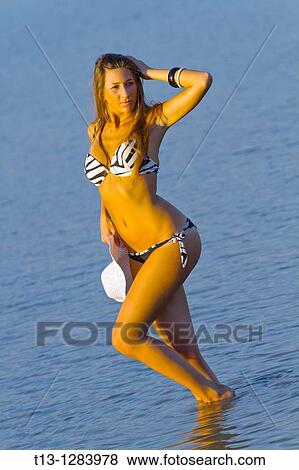 Posing in water and adjusting her hair young woman in a bikini swimsuit View Large Photo Image Stock Photo - Posing in water and adjusting her hair young woman in a bikini swimsuit. Fotosearch