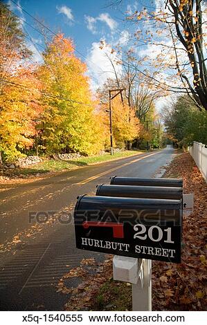 Stock Photography - Post Boxes in a fall scene, Wilton, CT, USA. Fotosearch