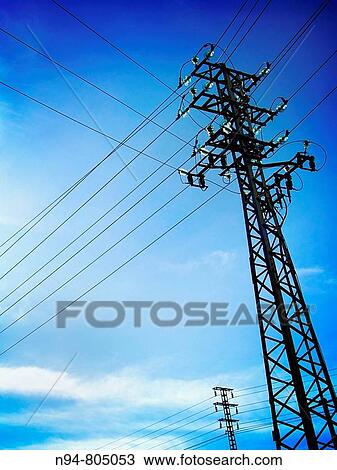 Stock Image - Post's network of electricity supply in the residential area La Caada, Valencia. Spain. Europe.. Fotosearch