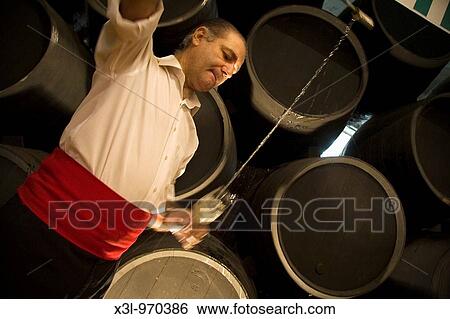 Stock Photograph - Pouring sherry into glasses from a venencia, Jerez de la frontera Cadiz, Andalucia, Spain. Fotosearch