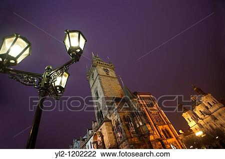 Prague's Old Town hall Square with Town Hall tower at night View Large Photo Image Stock Image - Prague's Old Town hall Square with Town Hall tower at night. Fotosearch