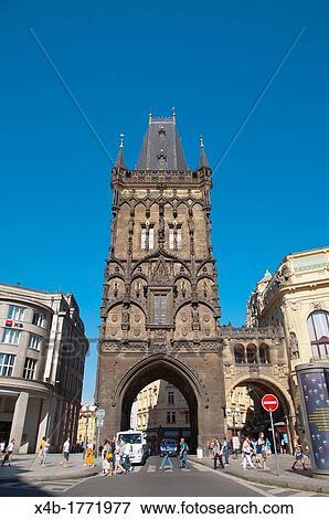 Stock Photo - Prasna Brana the Powder Tower at Namesti Republiky square Stare mesto the old town Prague Czech Republic Europe. Fotosearch