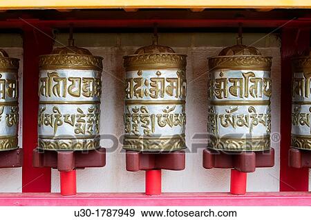 Stock Photo - Prayer-wheel in Dag Shang Kagyu, a buddhist temple in Panillo, near Graus Ribagorza region Huesca Arag? n, Spain Europe. Fotosearch