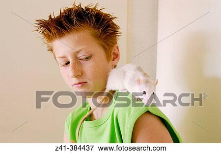 Pre-teenager and white rat View Large Photo Image Stock Photo - Pre-teenager and white rat. Fotosearch