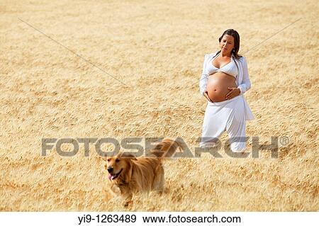 Pregnant woman relaxing in field with her dog View Large Photo Image Stock Photo - Pregnant woman relaxing in field with her dog. Fotosearch
