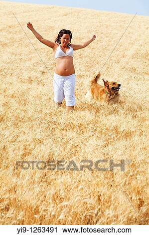 Pregnant woman running in field with her dog View Large Photo Image Stock Image - Pregnant woman running in field with her dog. Fotosearch