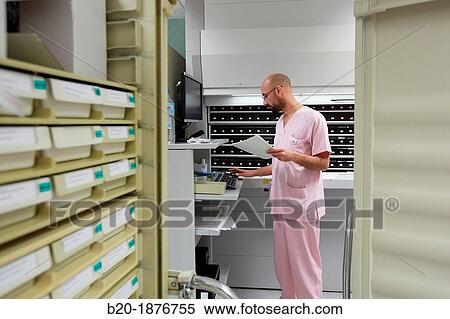 Stock Photography - Preparation of drugs, Chaotic storage, Pharmacy, Hospital Donostia, San Sebastian, Gipuzkoa, Basque Country, Spain. Fotosearch