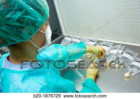 Stock Photo - Preparation of drugs in laminar flow hood, epidural anesthesia, Clean room, Pharmacy, Hospital Donostia, San Sebastian, Gipuzkoa, Basque Country, Spain. Fotosearch