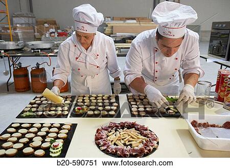 Stock Image - Preparing canapes, Divinus Catering, San Sebastian, Donostia, Gipuzkoa, Basque Country. Fotosearch