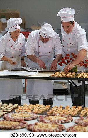 Stock Image - Preparing canapes, Divinus Catering, San Sebastian, Donostia, Gipuzkoa, Basque Country. Fotosearch