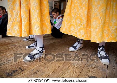 Stock Image - preparing? Danza de los Zancos? folk dance, Anguiano, La Rioja, Spain.. Fotosearch