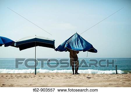Stock Photo - Preparing the umbrellas on the beach. Fotosearch
