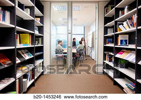 Stock Photograph - Project meeting, Natural Language Technologies, library, Vicomtech-IK4 Visual Interaction and Communication Technologies Centre, applied research centre for Interactive Computer Graphics and Multimedia. Fotosearch
