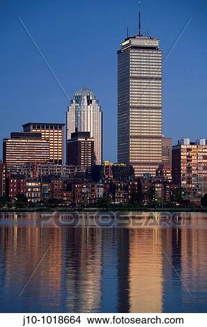 Picture - Prudential tower, Back Bay skyline at sunset across Charles river, Boston, Massachusetts, USA. Fotosearch