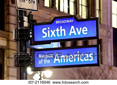Stock Photograph - Public sidewalk street sign, Herald Square, 34th Street, Six Avenue, Avenue of the Americas, Broadway, Midtown Manhattan, Broadway, New York City, USA.. Fotosearch