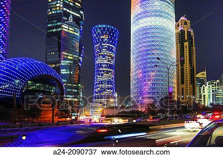 Qatar, Doha City, New Doha at night. View Large Photo Image Stock Photo - Qatar, Doha City, New Doha at night.. Fotosearch