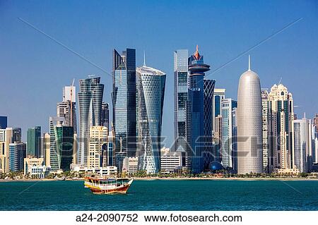 Qatar, Doha City, The Corniche, West bay skyline. View Large Photo Image Stock Image - Qatar, Doha City, The Corniche, West bay skyline.. Fotosearch