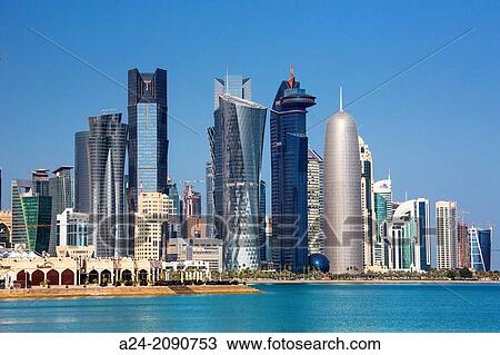 Qatar, Doha City, The Corniche, West bay skyline. View Large Photo Image Stock Image - Qatar, Doha City, The Corniche, West bay skyline.. Fotosearch
