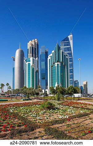 Stock Image - Qatar, Doha City, The Corniche, West Bay Skyline.. Fotosearch