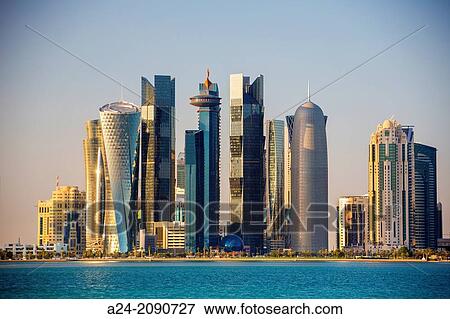 Qatar, Doha City, The Corniche, West Bay Skyline. View Large Photo Image Stock Photo - Qatar, Doha City, The Corniche, West Bay Skyline.. Fotosearch