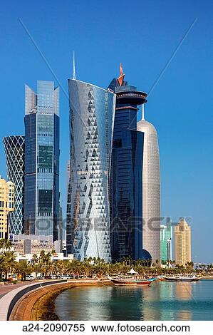 Qatar, Doha City, The Corniche, West bay skyline. View Large Photo Image Stock Photography - Qatar, Doha City, The Corniche, West bay skyline.. Fotosearch