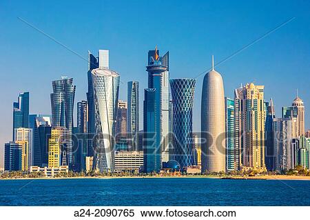 Qatar, Doha City, The Corniche, west bay skyline. View Large Photo Image Stock Photography - Qatar, Doha City, The Corniche, west bay skyline.. Fotosearch